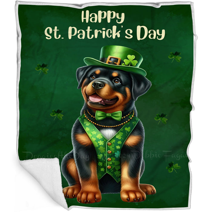 Rottweiler St. Patrick's Irish Dog Blanket, Irish Woof Warmth, Fleece, Woven, Sherpa Blankets, Puppy with Hats, Gifts for Pet Lovers