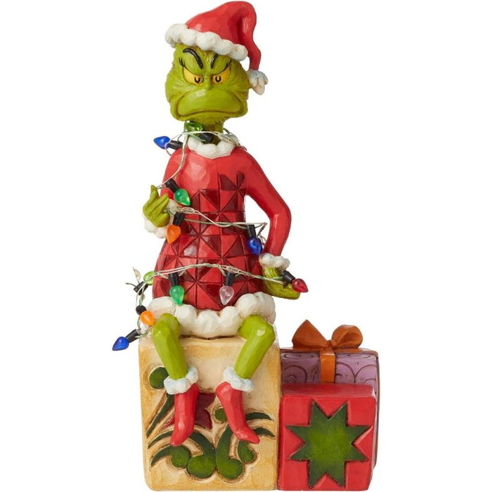 Enesco Jim Shore Dr. Seuss The Grinch Sitting on Presents Lit Figurine, 7.48 Inch, Multicolor,Red