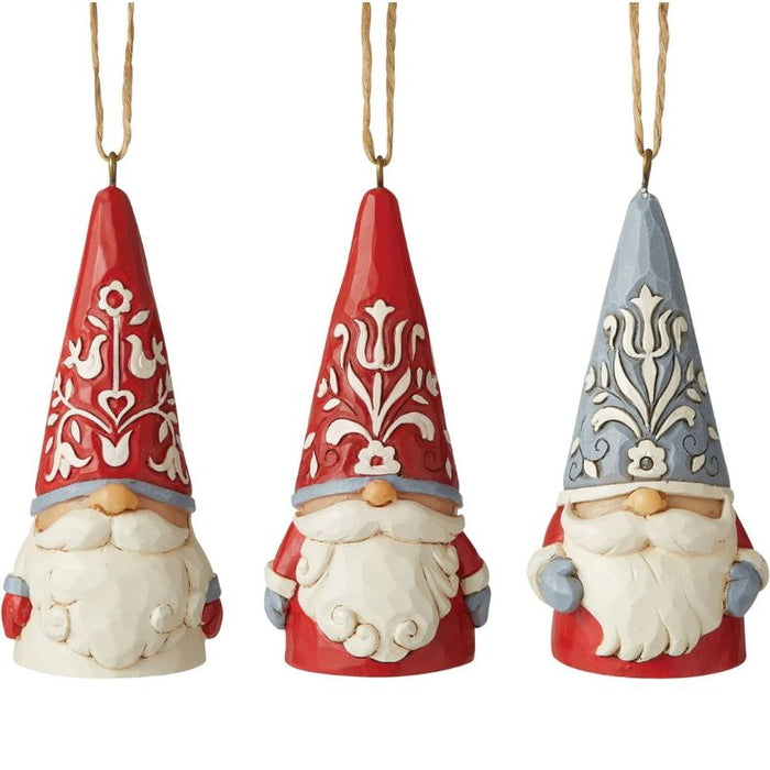 Enesco Jim Shore Heartwood Creek Nordic Noel Gnomes Miniature Hanging Ornament Set, 3" H, Dirty White, Red, Grey