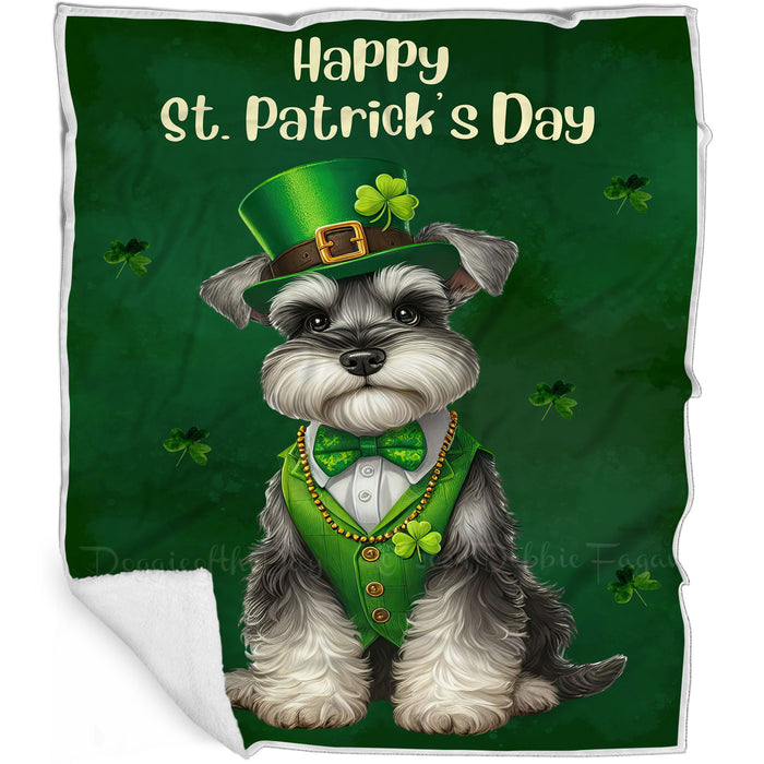 Schnauzer St. Patrick's Irish Dog Blanket, Irish Woof Warmth, Fleece, Woven, Sherpa Blankets, Puppy with Hats, Gifts for Pet Lovers