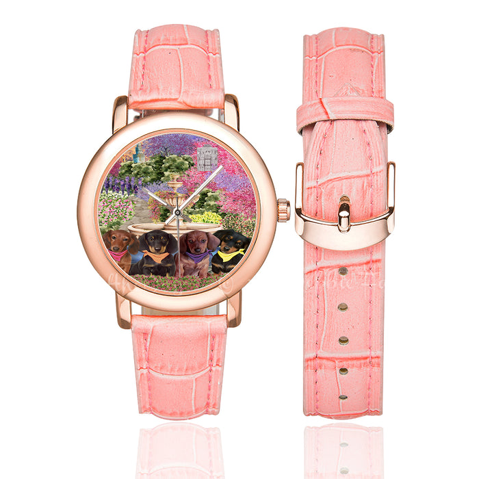 Floral Park Dachshund Dog on Women's Rose Gold Leather Strap Watch