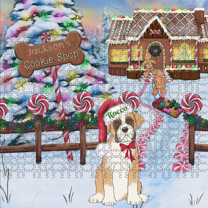 Custom Personalized Cartoonish Pet Photo and Name on Puzzle with Photo Tin in Christmas Gingerbread Cookie Shop Background
