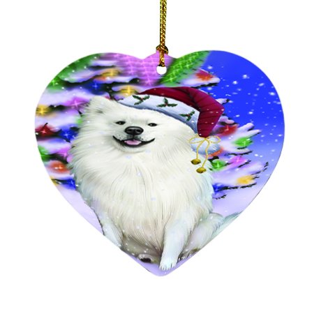 Winterland Wonderland American Eskimo Dog In Christmas Holiday Scenic Background Heart Ornament D446