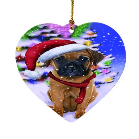 Winterland Wonderland Bullmastiff Dog In Christmas Holiday Scenic Background Heart Ornament D453