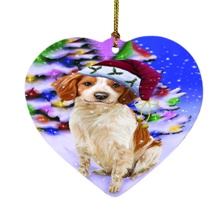 Winterland Wonderland Brittany Spaniel Dog In Christmas Holiday Scenic Background Heart Ornament D450