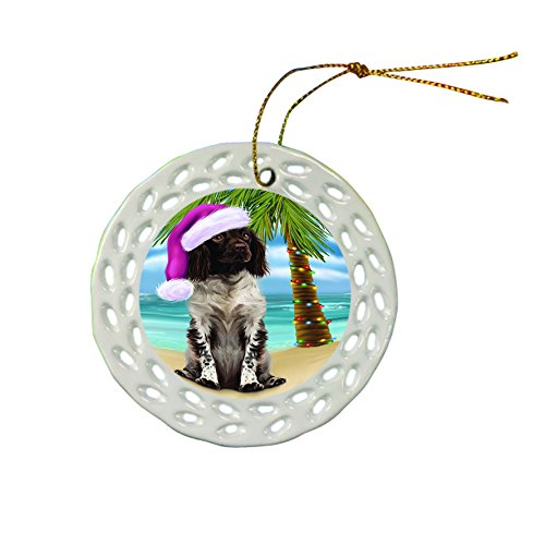 Summertime Munsterlander Dog with Santa Hat Christmas Round Porcelain Ornament POR672