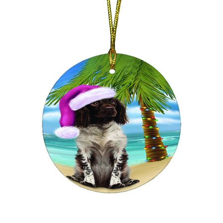 Summertime Happy Holidays Christmas Munsterlander Dog on Tropical Island Beach Round Ornament D441