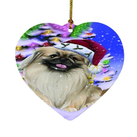 Winterland Wonderland Pekingese Dog In Christmas Holiday Scenic Background Heart Ornament D460