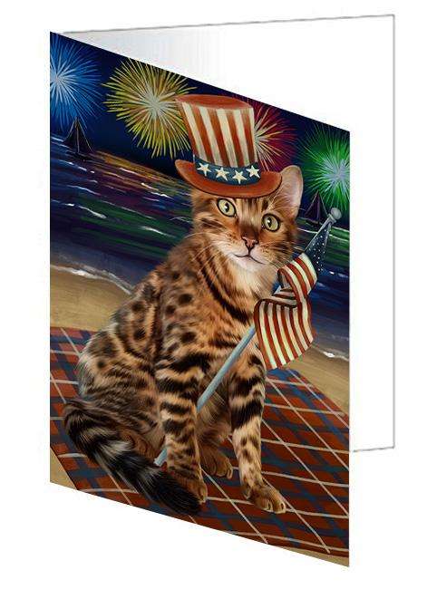 4th of July Independence Day Firework Bengal Cat Handmade Artwork Assorted Pets Greeting Cards and Note Cards with Envelopes for All Occasions and Holiday Seasons GCD61232