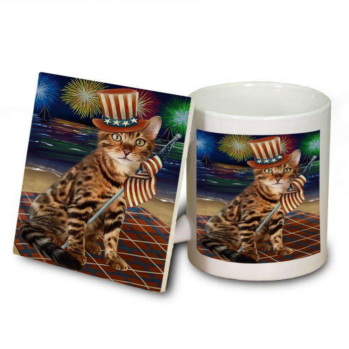 4th of July Independence Day Firework Bengal Cat Mug and Coaster Set MUC52393