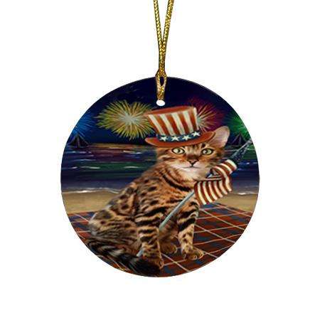 4th of July Independence Day Firework Bengal Cat Round Flat Christmas Ornament RFPOR52392