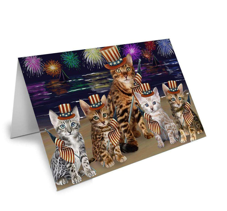4th of July Independence Day Firework Bengal Cats Handmade Artwork Assorted Pets Greeting Cards and Note Cards with Envelopes for All Occasions and Holiday Seasons GCD61235
