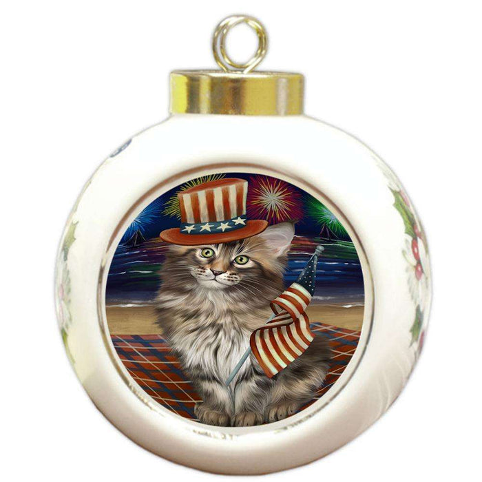 4th of July Independence Day Firework Maine Coon Cat Round Ball Christmas Ornament RBPOR52058