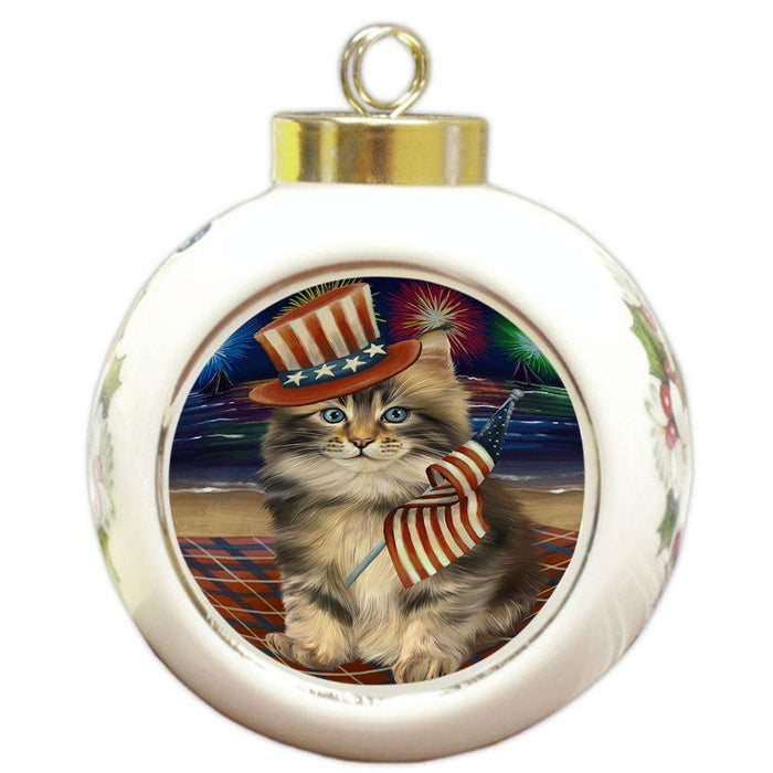 4th of July Independence Day Firework Maine Coon Cat Round Ball Christmas Ornament RBPOR52449