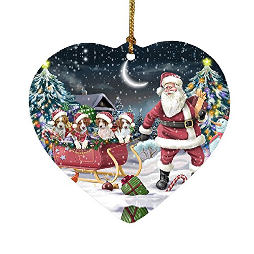 Santa Sled Dogs Brittany Spaniel Christmas Heart Ornament POR2101