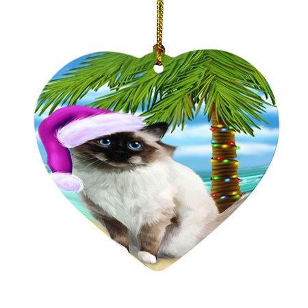 Summertime Happy Holidays Christmas Birman Cat on Tropical Island Beach Heart Ornament D428