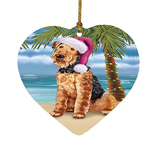 Summertime Happy Holidays Christmas Airedale Dog on Tropical Island Beach Heart Ornament