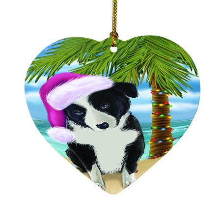 Summertime Happy Holidays Christmas Border Collie Dog on Tropical Island Beach Heart Ornament D437