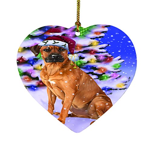Winterland Wonderland Rhodesian Ridgebacks Dog In Christmas Holiday Scenic Background Heart Ornament D509