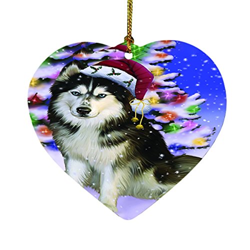 Winterland Wonderland Siberian Huskies Dog In Christmas Holiday Scenic Background Heart Ornament D517