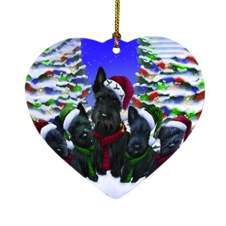 Scottish Terrier Dog Christmas Family Portrait in Holiday Scenic Background Heart Ornament D166