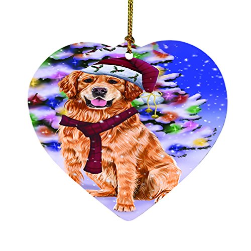 Winterland Wonderland Golden Retrievers Dog In Christmas Holiday Scenic Background Heart Ornament D498
