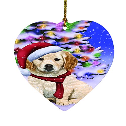 Winterland Wonderland Golden Retrievers Dog In Christmas Holiday Scenic Background Heart Ornament D499