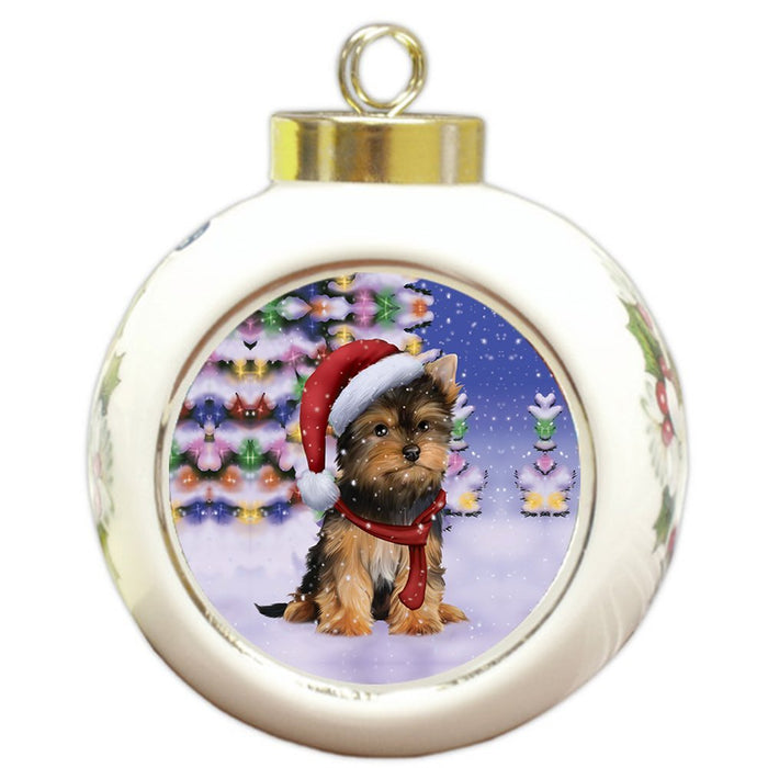 Winterland Wonderland Yorkshire Terriers Puppy Dog In Christmas Holiday Scenic Background Round Ball Ornament