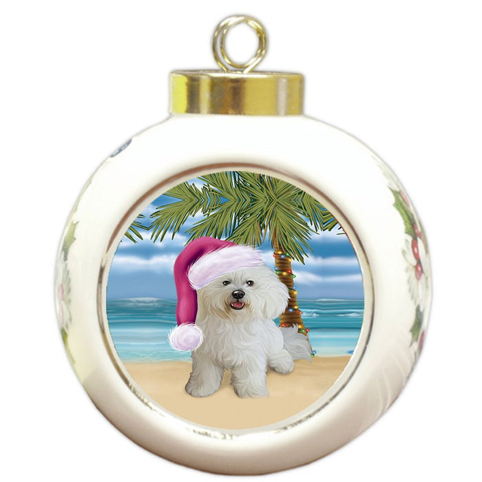 Summertime Happy Holidays Christmas Bichon Frise Dog on Tropical Island Beach Round Ball Ornament