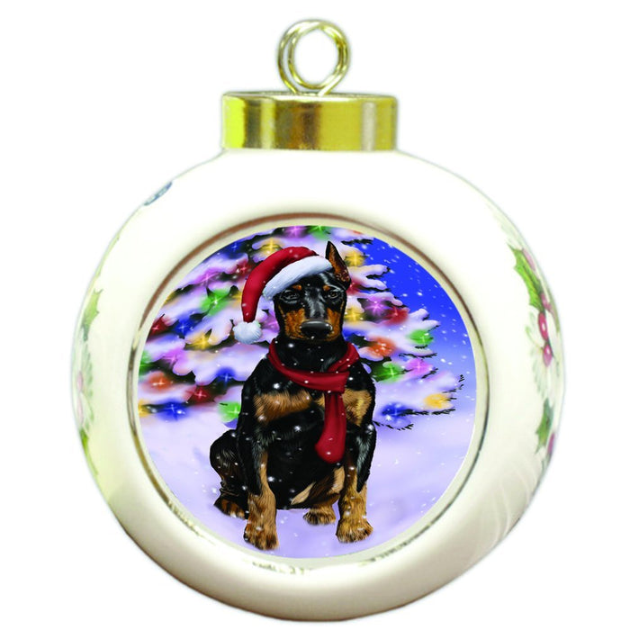 Winterland Wonderland Doberman Dog In Christmas Holiday Scenic Background Round Ball Ornament D564