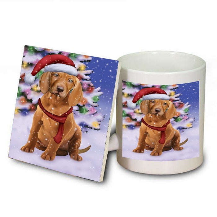 Winterland Wonderland Vizsla Puppy Dog In Christmas Holiday Scenic Background Mug and Coaster Set