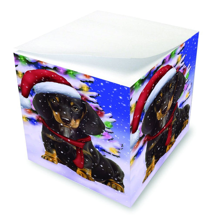Winterland Wonderland Dachshunds Dog In Christmas Holiday Scenic Background Note Cube D654
