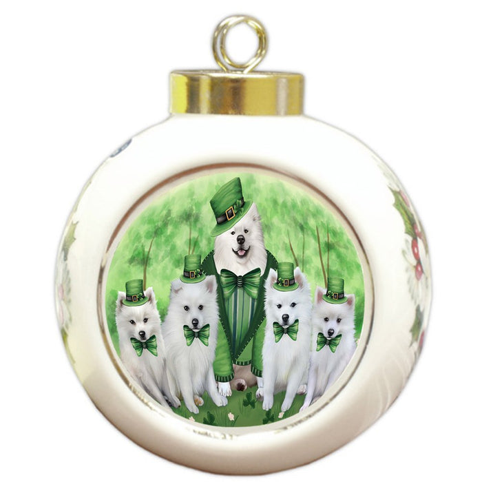 St. Patricks Day Irish Family Portrait American Eskimos Dog Round Ball Christmas Ornament RBPOR48451