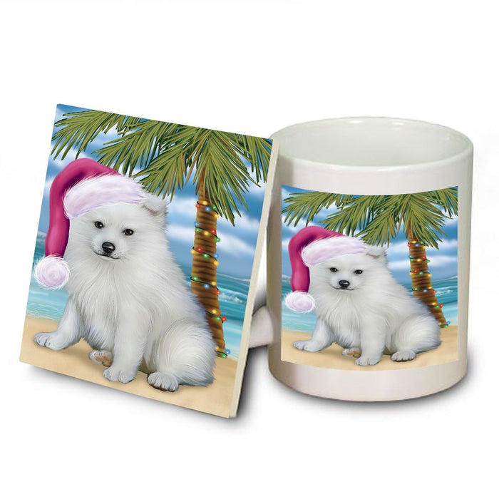 Summertime American Eskimo Puppy on Beach Christmas Mug and Coaster Set MUC0513