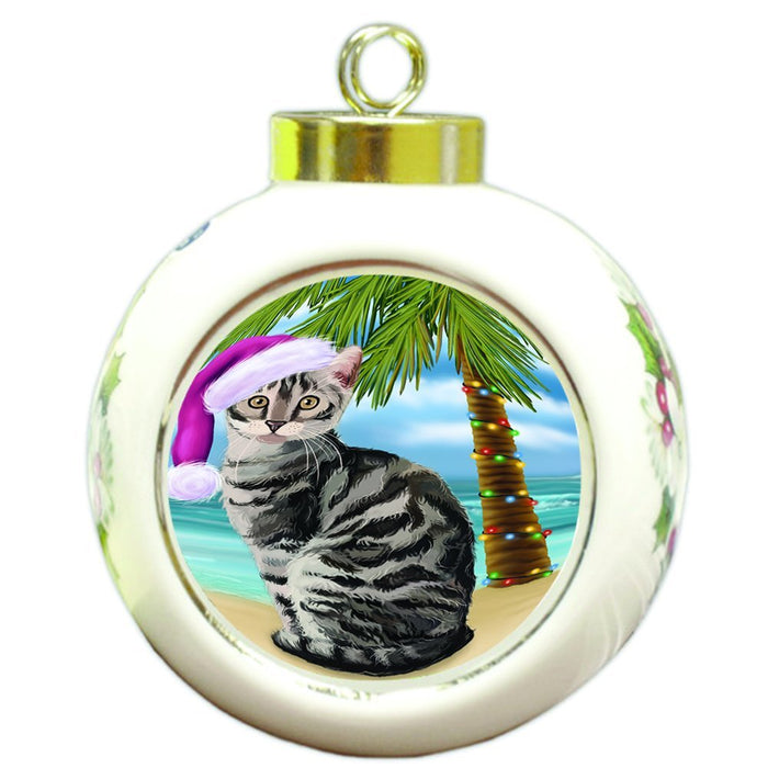 Summertime Happy Holidays Christmas Bengal Cat on Tropical Island Beach Round Ball Ornament D493