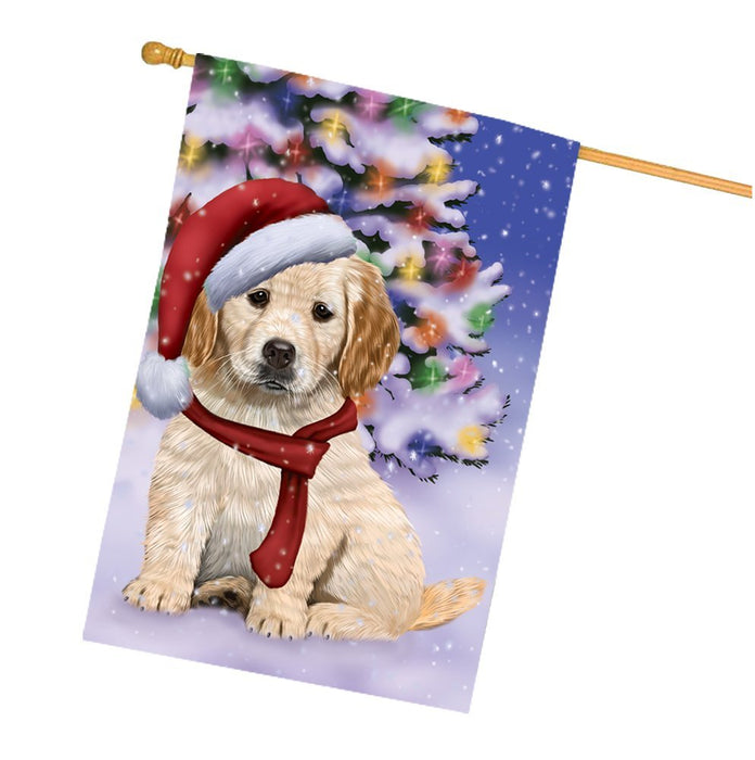 Winterland Wonderland Golden Retrievers Dog In Christmas Holiday Scenic Background House Flag