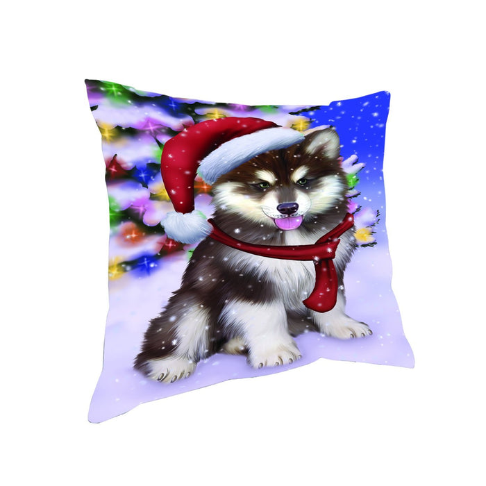 Winterland Wonderland Alaskan Malamute Dog In Christmas Holiday Scenic Background Throw Pillow