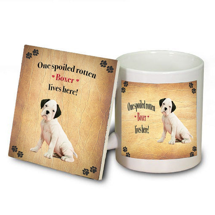 White Boxer Portrait Spoiled Rotten Dog Coaster and Mug Combo Gift Set