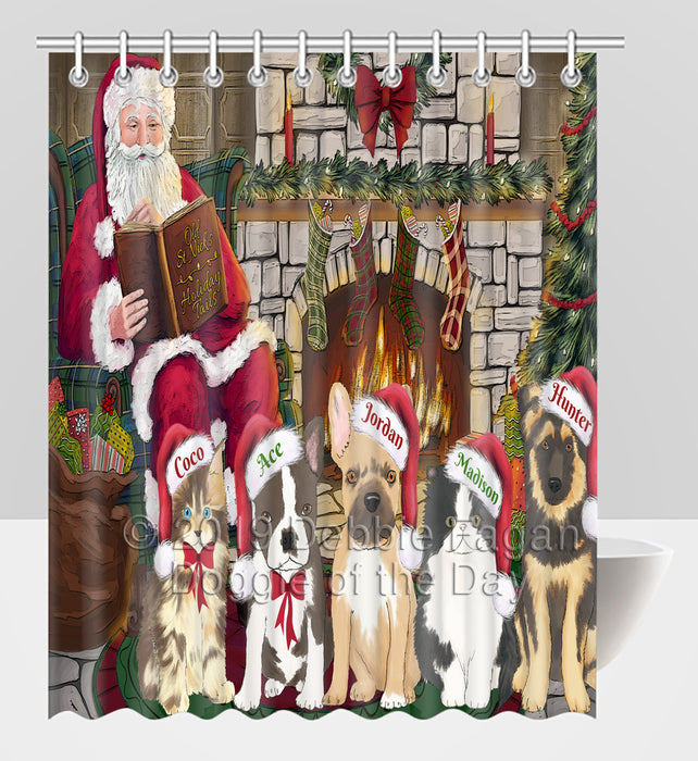 Custom Personalized Cartoonish Pet Photo and Name on Shower Curtain in Fire Holiday Tails Background