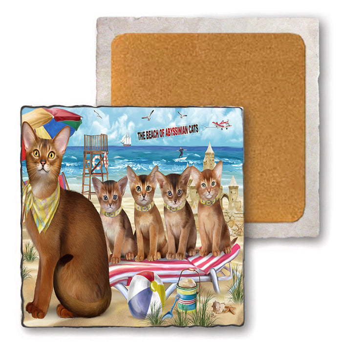 Pet Friendly Beach Abyssinian Cats Set of 4 Natural Stone Marble Tile Coasters MCST49155