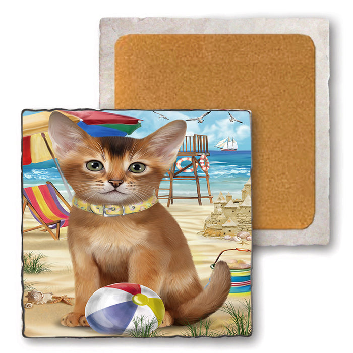 Pet Friendly Beach Abyssinian Cat Set of 4 Natural Stone Marble Tile Coasters MCST49158