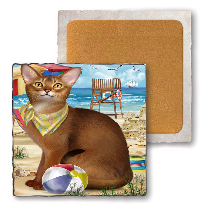 Pet Friendly Beach Abyssinian Cat Set of 4 Natural Stone Marble Tile Coasters MCST49160