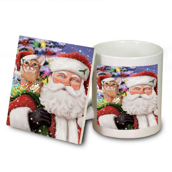 Santa Carrying Abyssinian Cat and Christmas Presents Mug and Coaster Set MUC55466