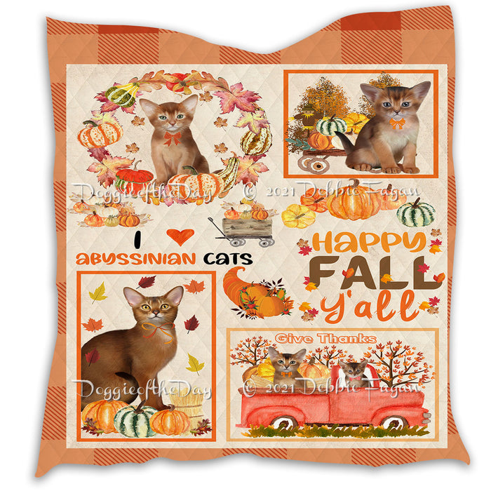 Happy Fall Y'all Pumpkin Abyssinian Cats Quilt Bed Coverlet Bedspread - Pets Comforter Unique One-side Animal Printing - Soft Lightweight Durable Washable Polyester Quilt
