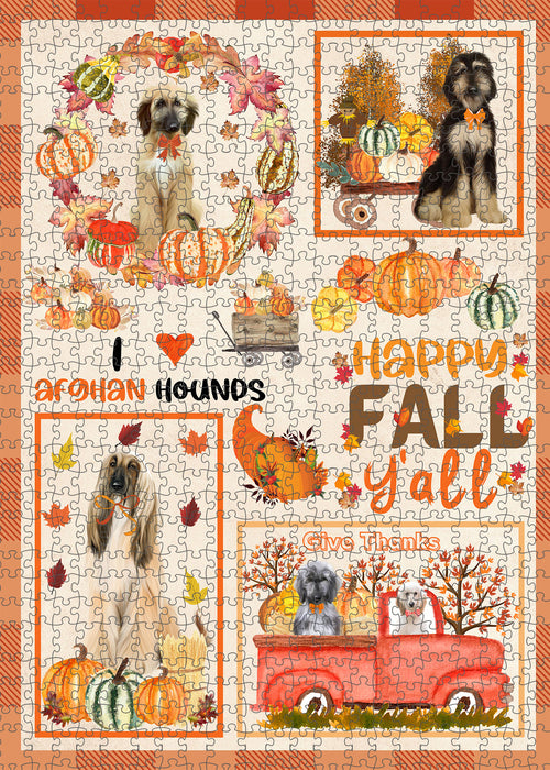 Happy Fall Y'all Pumpkin Afghan Hound Dogs Portrait Jigsaw Puzzle for Adults Animal Interlocking Puzzle Game Unique Gift for Dog Lover's with Metal Tin Box