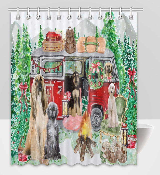 Christmas Time Camping with Afghan Hound Dogs Shower Curtain Pet Painting Bathtub Curtain Waterproof Polyester One-Side Printing Decor Bath Tub Curtain for Bathroom with Hooks