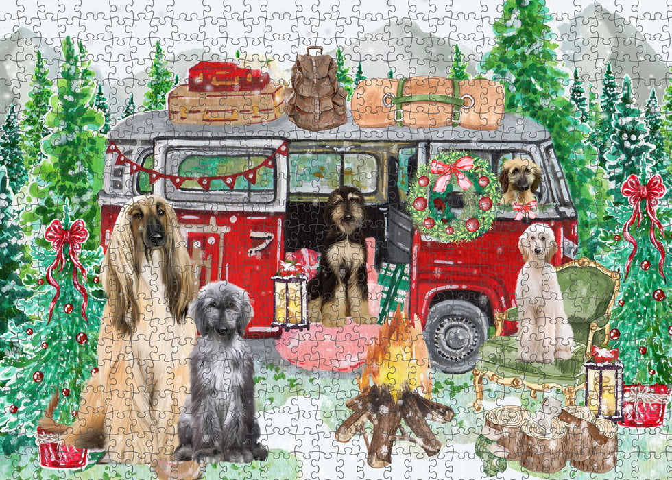 Christmas Time Camping with Afghan Hound Dogs Portrait Jigsaw Puzzle for Adults Animal Interlocking Puzzle Game Unique Gift for Dog Lover's with Metal Tin Box