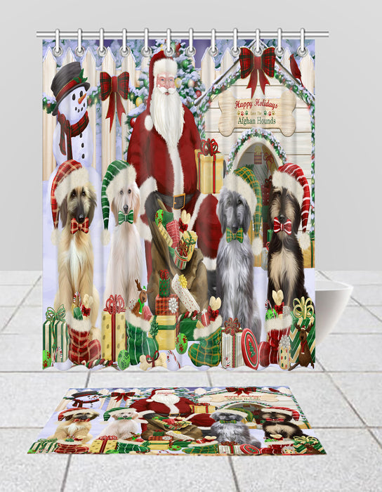 Happy Holidays Christmas Afghan Hound Dogs House Gathering Bath Mat and Shower Curtain Combo