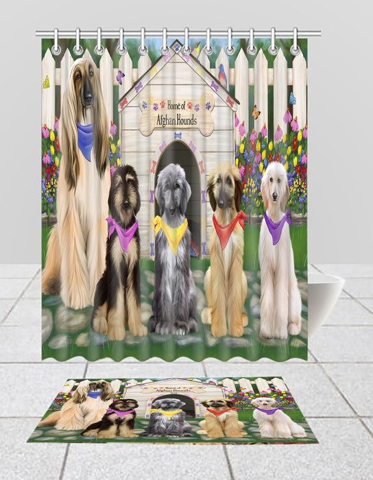 Spring Dog House Afghan Hound Dogs Bath Mat and Shower Curtain Combo