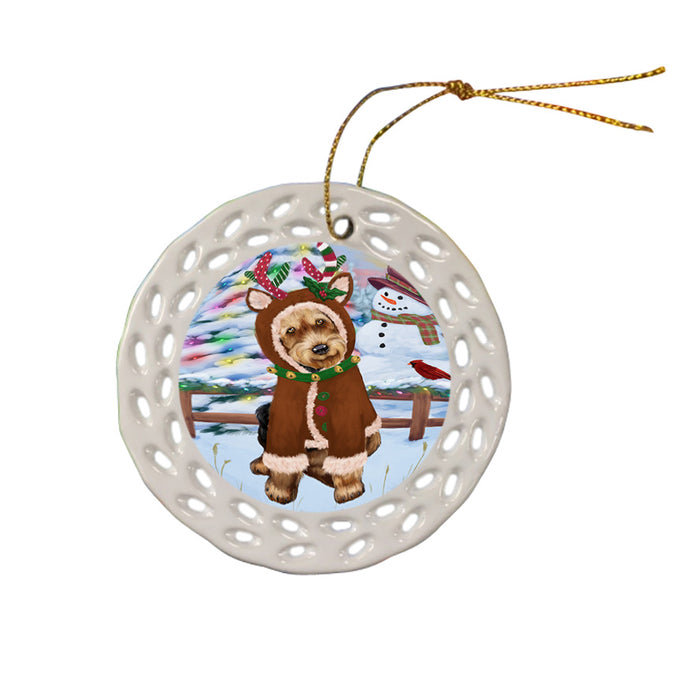 Christmas Gingerbread House Candyfest Airedale Terrier Dog Ceramic Doily Ornament DPOR56479